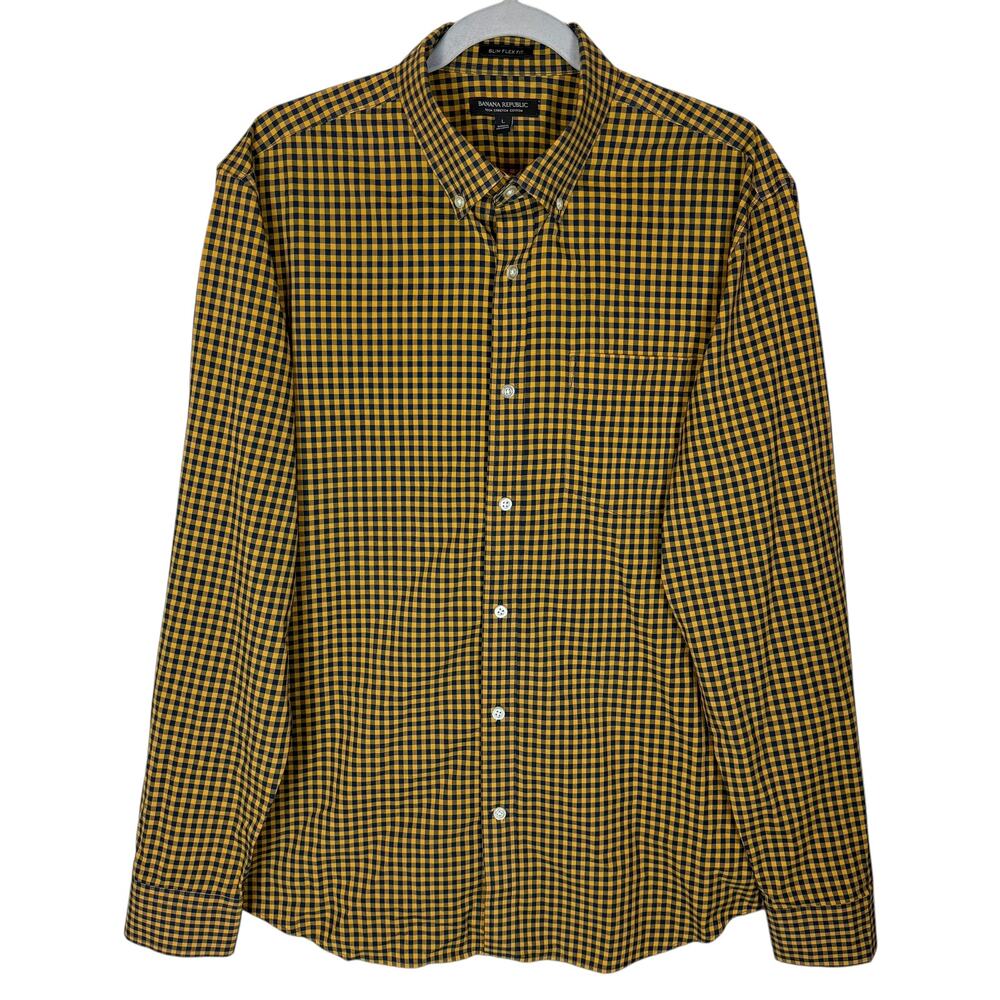 Banana Republic Shirt Men's Large Yellow Check Stretch Slim Flex Fit Button-Down